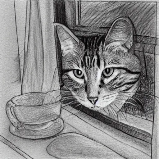 Image similar to a tabby cat named clarence laying on a table looking out the window, it is a sunny day, in the style of a hand drawn pencil sketch