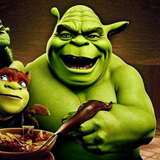 Image similar to shrek, hulk and yoda eat dinner together