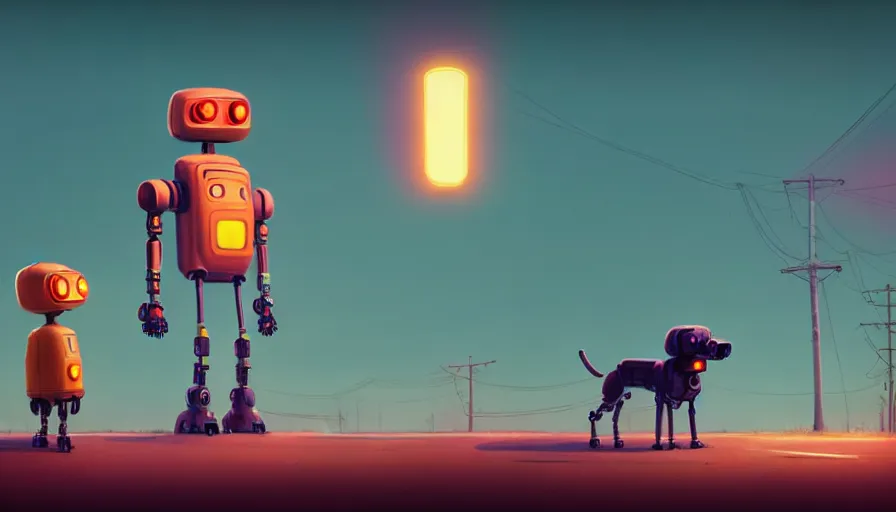 Image similar to tall cute robot with his best dog friend, by Simon Stalenhag, unreal engine, octane render, 8k, rule of thirds