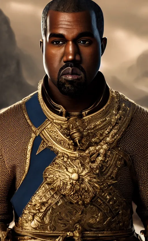 Image similar to Portrait of Kanye West as Emperor Napoleon in Skyrim, splash art, movie still, cinematic lighting, dramatic, octane render, long lens, shallow depth of field, bokeh, anamorphic lens flare, 8k, hyper detailed, 35mm film grain