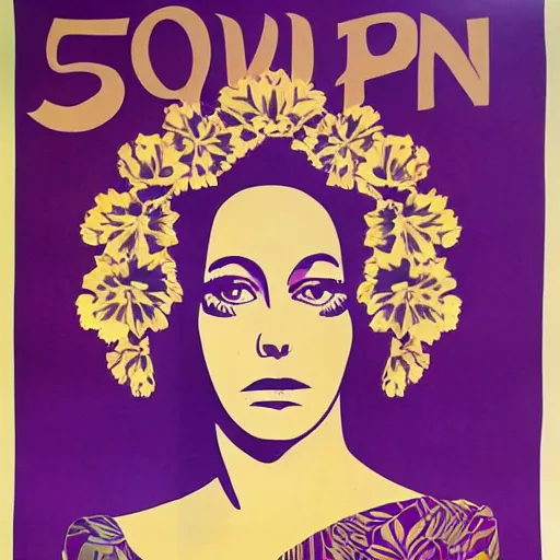 Image similar to 70s graphic design poster with a woman’s face, flower child, groovy, retro, hippie
