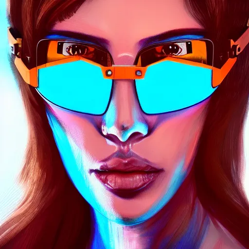 Image similar to closeup painting of a very beautiful young mexican cyberpunk woman with a smirk, wearing light blue shutter shades and a dark brown leather jacket, one side haircut, long brown hair with light blue ends, portrait, hyperdetailed, artstation, cgsociety, 8 k, synthwave by tangerine dream