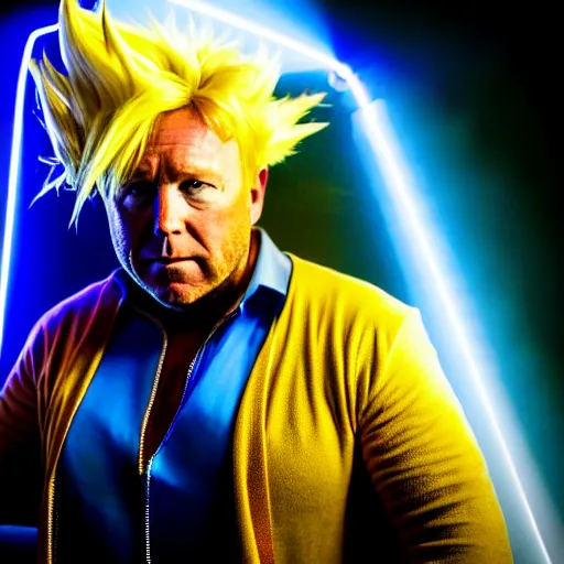 Prompt: uhd candid photo of alex jones as a super sayian, glowing blue, global illumination, studio lighting, radiant light, detailed, intricate costume. photo by annie leibowitz