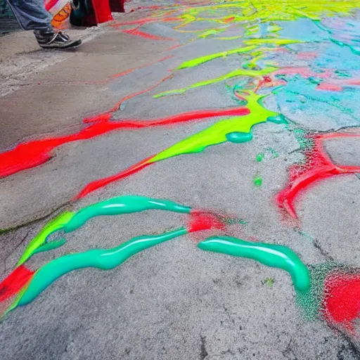 Prompt: colorful slime dripping from cracks in cement