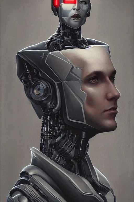 Image similar to portrait of a half man half robot, straight on portrait, by artgerm, tom bagshaw, gerald brom, vaporwave colors, lo - fi colors, vaporwave, lo - fi, moody vibe, goth vibe, 4 k, hd,