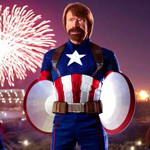 Prompt: uhd hyperdetailed candid photo of cosmic chuck norris dressed as captain america, wearing extremely intricate costume. fireworks in background. photo by annie leibovitz