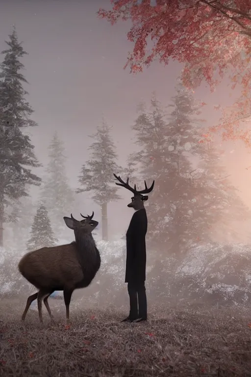 Image similar to a deer wearing a white formal coat conversing with a crow wearing a red formal coat, hyperrealistic, concept art, octane render, unreal engine 5, trending on DeviantArt, highly detailed, high quality, 8K, soft lighting, cute, natural lighting, realistic face, trending on Artstation, elegant clothes, profile picture, path traced, house background