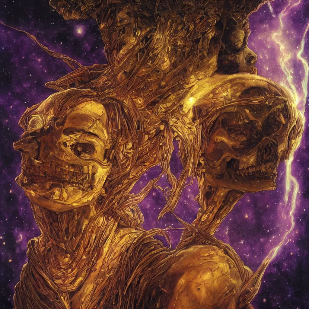 Image similar to intense glowing egyptian mummy god with ancient bandages and intense black eyes with a skull in very dark cosmic nebula by artgerm and beksinski and alphonse mucha, portrait, fantasy, clear, light beams, lens flare, intense, pharoah, uhd, amazing depth, cinematic lighting, black and purple and shining gold