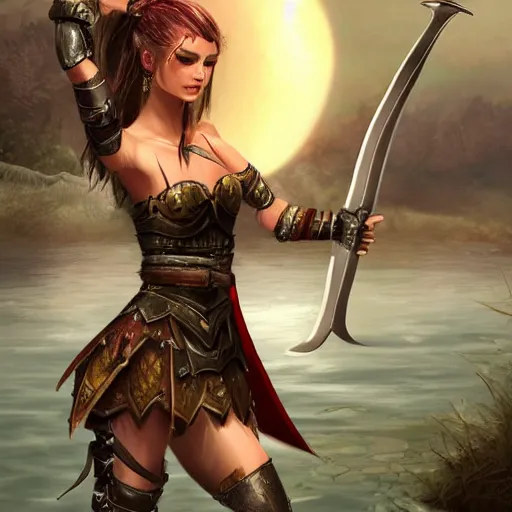 Prompt: beautiful female warrior with longsword in epic fantasy battle