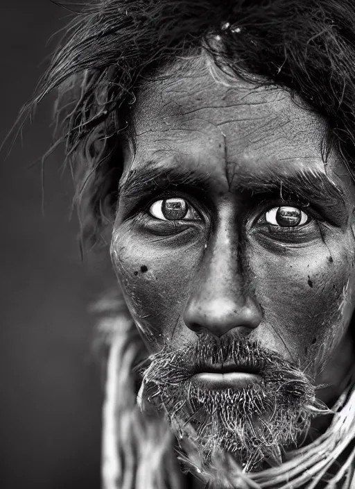 Image similar to Award winning Editorial photo of a Native Nauruans with incredible hair and beautiful hyper-detailed eyes wearing traditional garb by Lee Jeffries, 85mm ND 5, perfect lighting, gelatin silver process