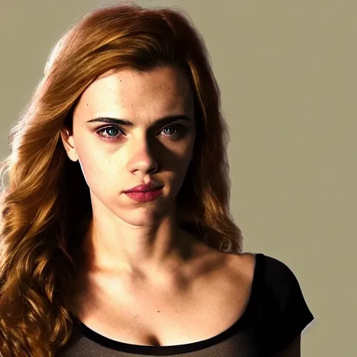 Image similar to a woman who is a genetic combination of scarlett johansson and emma watson face and upper - body focus