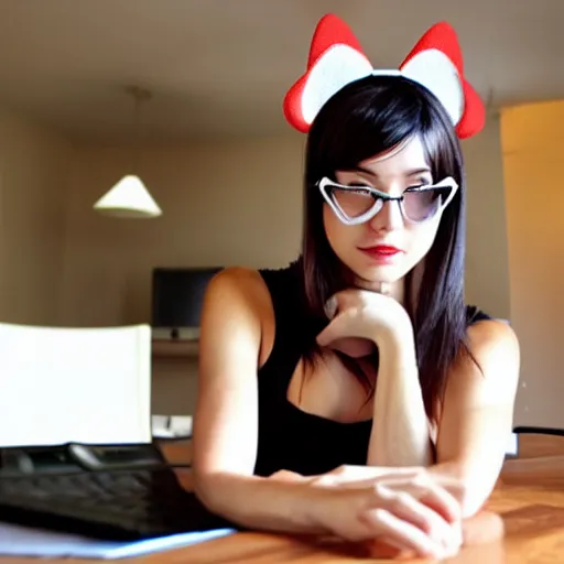 Image similar to cute woman wearing tank top and cat ears plays on computer