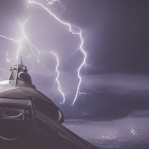 Prompt: a detailed intricate spaceship flying through a lightning storm, moody, cinematic, atmospheric