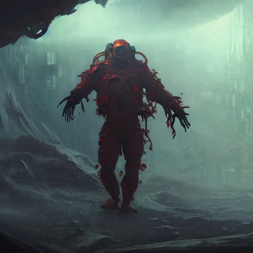 Image similar to scifi art by Greg Rutkowski, a person infected with a kind of reddish silt that is sprouting from all over his body, violent and vicious appearance, dressed in a futuristic space suit, claustrophobic science fiction setting inside a desolate space colony, detailed and intricate environment, high technology, digital painting, artstation, concept art, smooth, sharp foccus ilustration, Artstation HQ.