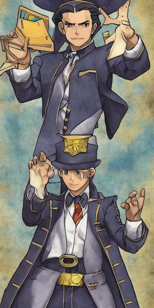 Image similar to the judge from Ace Attorney with a beam scale in one hand. Tarot card Justice, impressive art, detailed, single subject, high quality