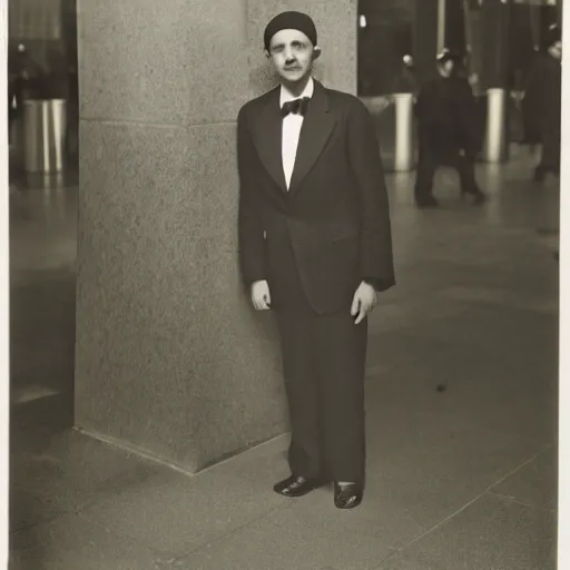 Prompt: Wet plate image of a mythic man, age 34, Standing outside 30 Rockefeller Center, He has large black wings, Dark photo, Slightly blurred,