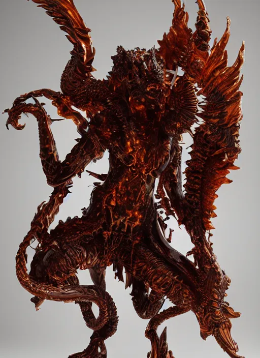 Image similar to high intricate sculpture of a baroque hellfire demon made of fire, studio light, maria panfilova, andrea savchenko, mike kime, ludovic plouffe, qi sheng luo, oliver cook, trending on artstation