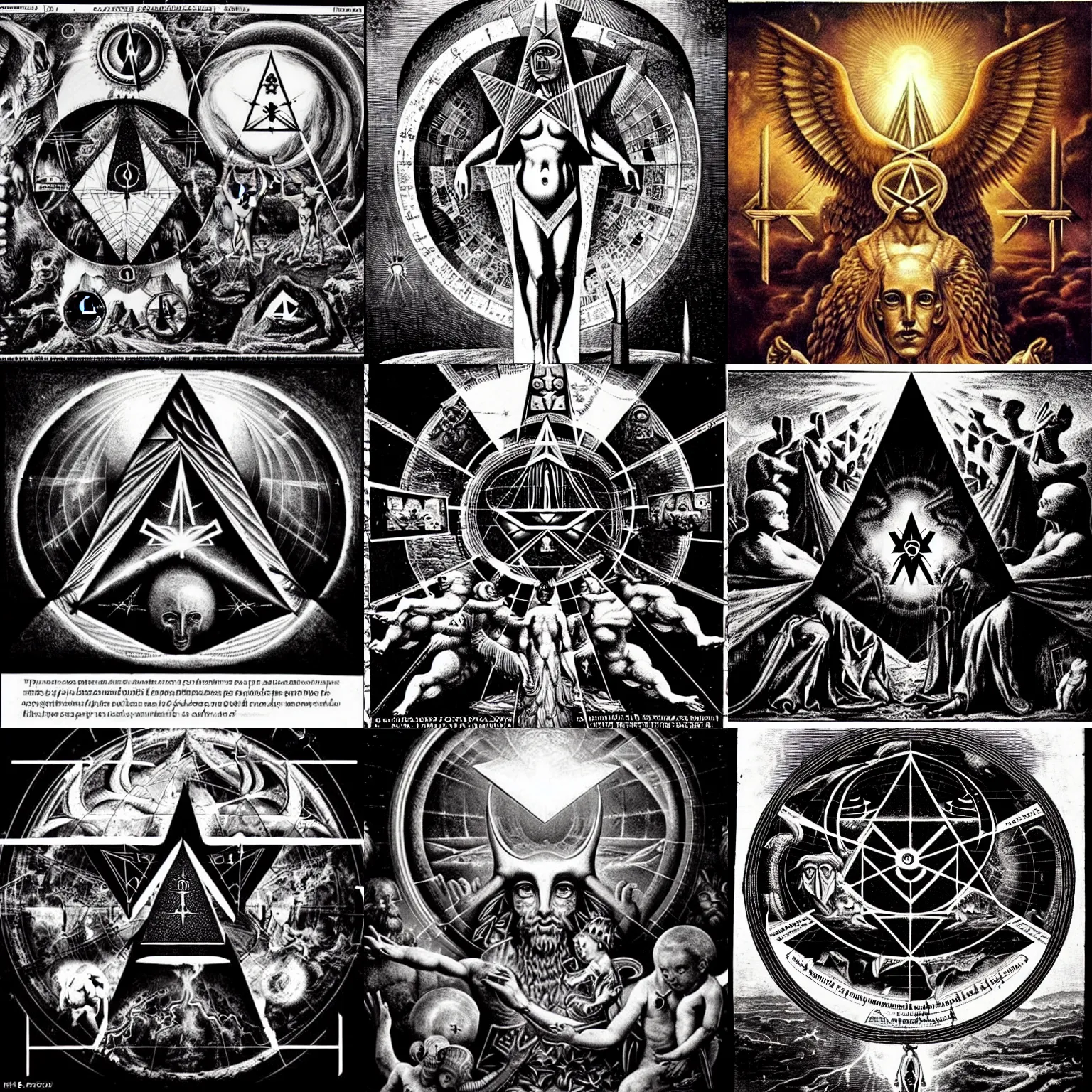 Prompt: the birth of civilization out of the luciferian spirit of distributed cognition, secret illuminati cabal, highly detailed, occult alchemy, dark surrealism