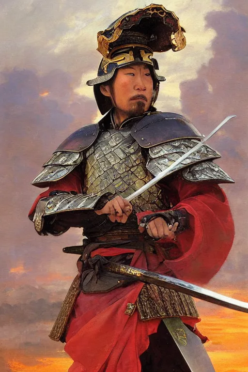 Image similar to close up of a fantasy samurai general in full armor on a battlefield during edo period, by vladimir volegov and alexander averin and delphin enjolras and daniel f. gerhartz
