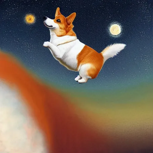 Prompt: a detailed portrait of a happy corgi floating in space, exquisite digital illustration, realistic, beautiful, smooth. expressive