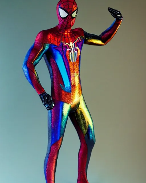 Prompt: rainbow metallic spider - man suit, action shot