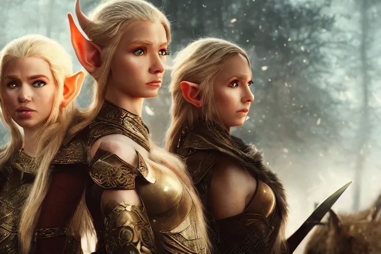 Prompt: a cinematic headshot portrait of three female elf warriors, 8 k, ultra realistic, dramatic lighting, mist