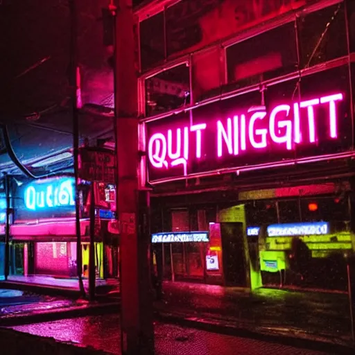 Image similar to a neon sign saying Quiet Night outside a cyberpunk nightclub, raining