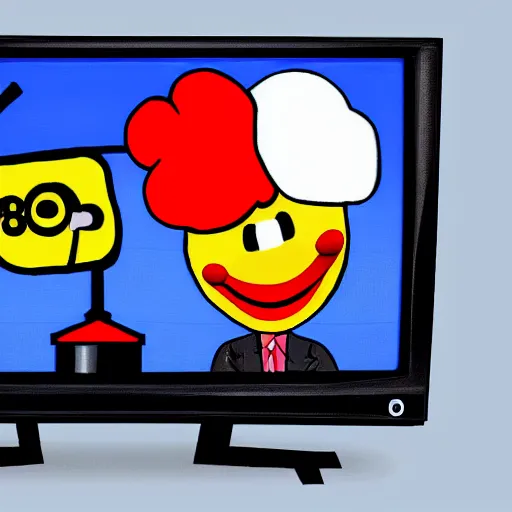 Prompt: photo of an 8 0's television with a president that has a clown face giving a speech