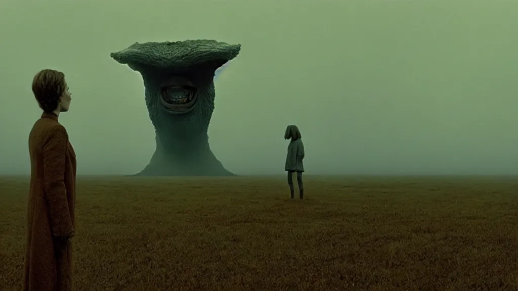 Image similar to a television sits directly in front of the viewer, a strange creature peaks out from behind, film still from the movie directed by Denis Villeneuve with art direction by Zdzisław Beksiński, wide lens