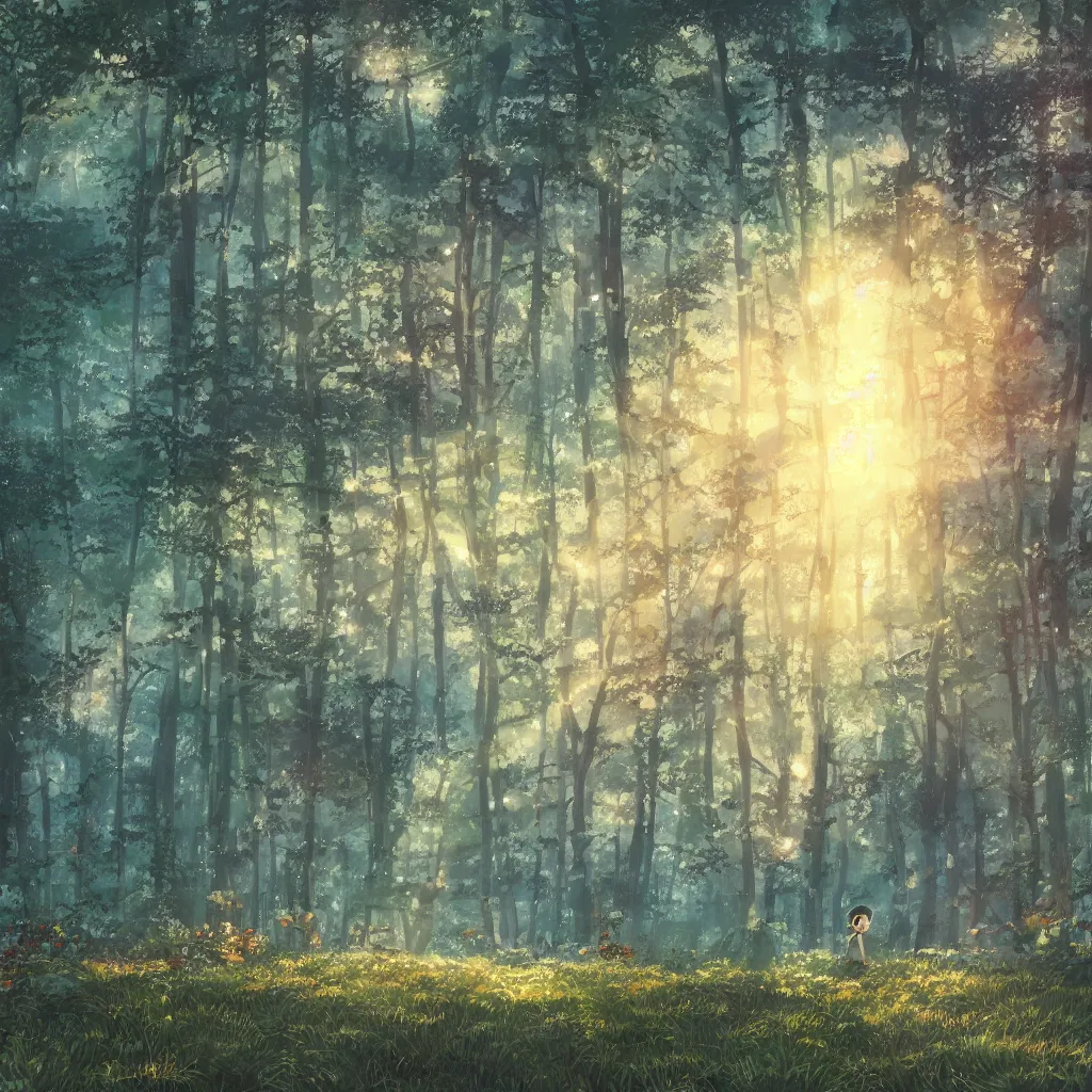Image similar to sharp focus, breath taking beautiful, Aesthetically pleasing, gouache forest at golden hour, digital concept art background by Hayao Miyazaki and Studio Ghibli, fine art, official media, high definition, illustration, ambient lighting, HDR, HD, UHD, 4K, 8K, cinematic, high quality scan, award winning, trending, featured, masterful, dynamic, energetic, lively, elegant, intricate, complex, highly detailed, Richly textured, Rich vivid Color, masterpiece.