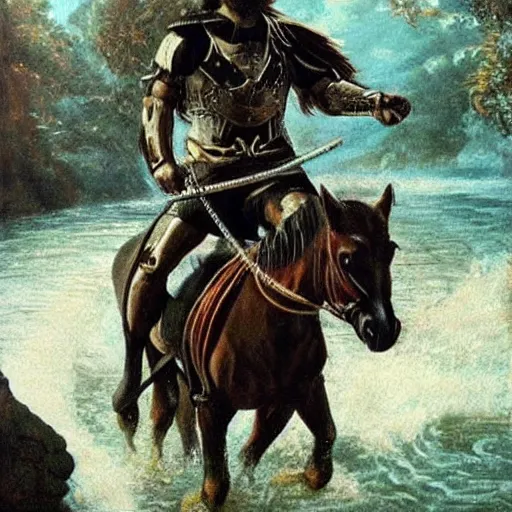 Prompt: a exotic metro pollynsdian warrior riding a horse through a river, painted by jorgihno gisbana and takashi tokyo, style of ultra capitalism surealism