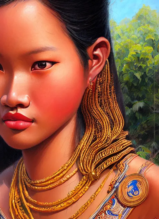 Prompt: portrait of a beautiful female khmer ethnic cambodia, closeup portrait, historical, ethnic group, traditional costume, elegant, loin cloth, highly detailed, oil painting, artstation, concept art, matte, sharp focus, illustration, hearthstone, art by earl norem