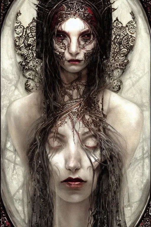 Prompt: breathtaking detailed soft painting of grim reaper dancer in gauze dress, with long hair and piercing eyes in bleeding meat, in an intricate medieval stained glass moon, rembrandt style, elegant, highly detailed, artstation, concept art, matte, sharp focus, art by tom bagshaw, luis royo and greg rutkowski