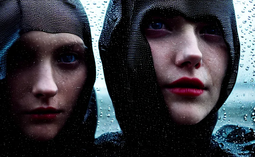 Image similar to cinestill 5 0 d candid photographic portrait by christopher nolan of two loving female androids wearing rugged black mesh techwear in treacherous waters, extreme closeup, modern cyberpunk moody emotional cinematic, pouring rain, 8 k, hd, high resolution, 3 5 mm, f / 3 2, ultra realistic faces, ex machina