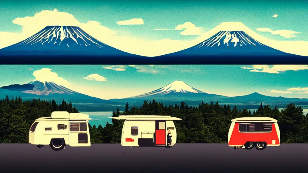 Image similar to a scene of two travellers and their camper touring overlook at the edge of yamanaka lake, reflecting mount fuji and a dramatic sky, japan, a collage painting, in the style of wes anderson, lola dupre, david hockney, isolated on negative white space background dark monochrome neon spraypaint accents volumetric octane render