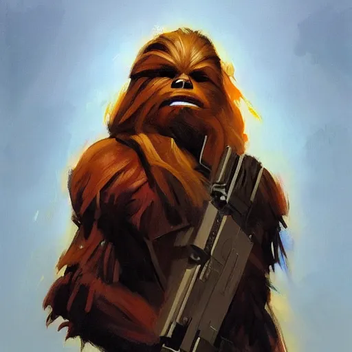 Image similar to greg manchess portrait painting of chewbacca as overwatch character, medium shot, asymmetrical, profile picture, organic painting, sunny day, matte painting, bold shapes, hard edges, street art, trending on artstation, by huang guangjian and gil elvgren and sachin teng