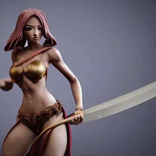 Image similar to highly detailedf figurine, beautiful young woman, slim waist, big bumm, with a sword in her right hand, martial art pose, octane render, bikini, volumetric lights, dramatic, highly detailed, messy, hair