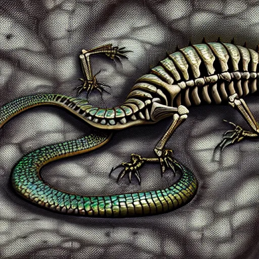 Prompt: a matte oil painting of a skeleton that is made out of lizard scales, dnd art, reptile skin, serpent, bones, 4 k image clear, crisp, sharp