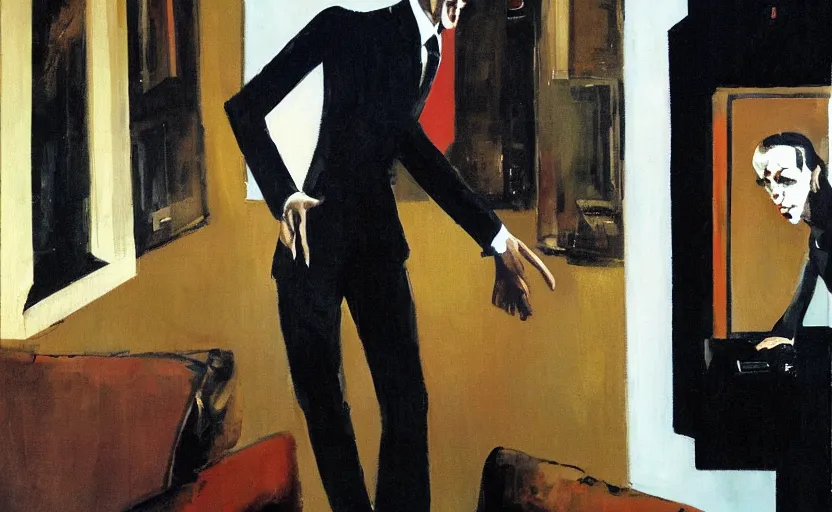 Image similar to a thin man wearing a suit screams and jumps over a telephone in a dark, 1980s living room, painted by phil hale, highly detailed