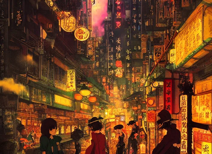 Image similar to anime illustration of 1 9 2 0 s hong kong at night lit by the stars, wispy smoke, highly detailed face, very intricate, symmetrical, cinematic lighting, award - winning, painted by wong kar - wai and mandy jurgens and peter doig, dystopian, bold colors, dark vibes, featured on artstation