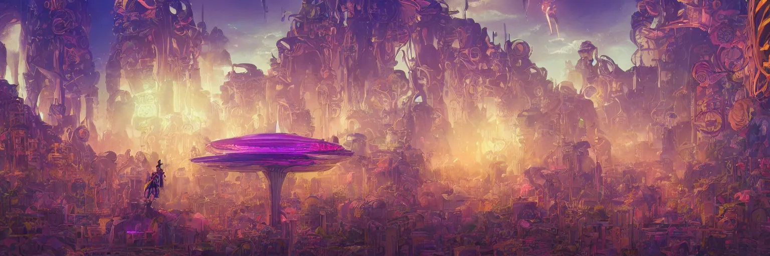 Image similar to beautiful low angle painting of an alien world with sleek architecture, steampunk, ground made of multicolour flowers, neon lights, a tiny girl watching on, in the style of don bluth, giorgio vasari, andrea pozzo, elegant, highly detailed, digital painting, artstation, cinematic lighting, glowing light and shadows, trending on artstation, octane render