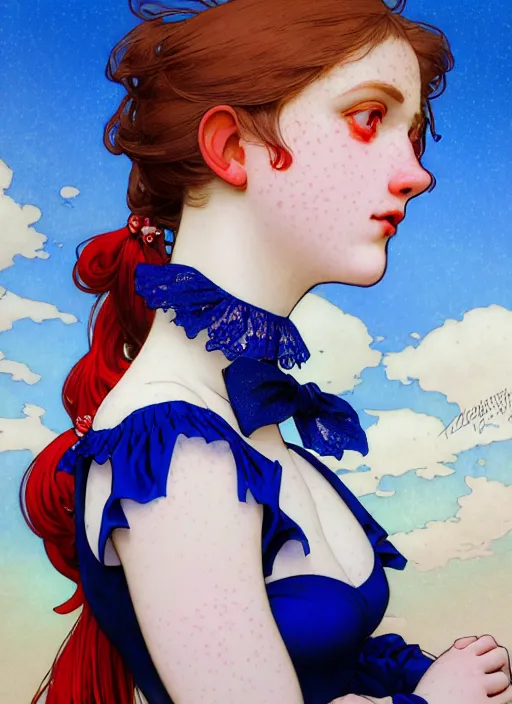 Image similar to close up portrait of wendy thomas, pale young woman with dark freckles and bright red pigtails and blue bows, blue dress with lace ruffles by artgerm, cushart krenz, greg rutkowski, mucha. art nouveau. gloomhaven, golden arches logo, pale colors, sharp edges. ultra clear detailed. 8 k. elegant, intricate, octane render