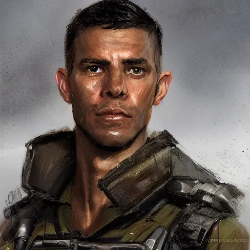 Image similar to portrait of a man by Greg Rutkowski, he is about 30 years old, british factions, he has short black military-style hair, a straight jaw, he has a scar above one eyebrow, he wears Galactic Alliance military fatigues, Star Wars Expanded Universe, highly detailed portrait, digital painting, artstation, concept art, smooth, sharp foccus ilustration, Artstation HQ