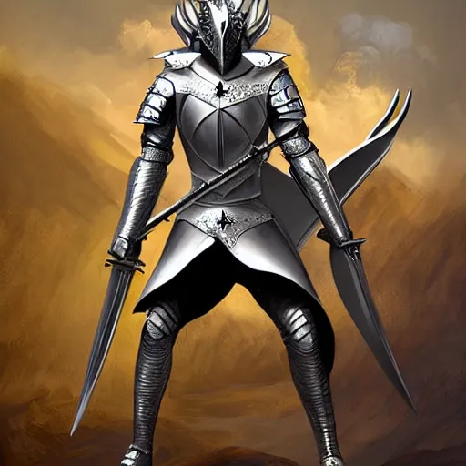 Image similar to anthro silver dragon wearing a medieval armor, holding a sword, digital art, fantasy art, matte painting, renaissance painting