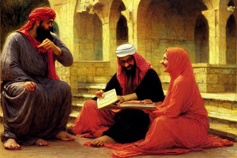 Image similar to the prophet mohammed reading salman rushdies book the satanic verses with a woman, being delighted and cheerful, whispering words of wisdom to her in solidarity with the author, painted by frederick arthur bridgman, oil on canvas