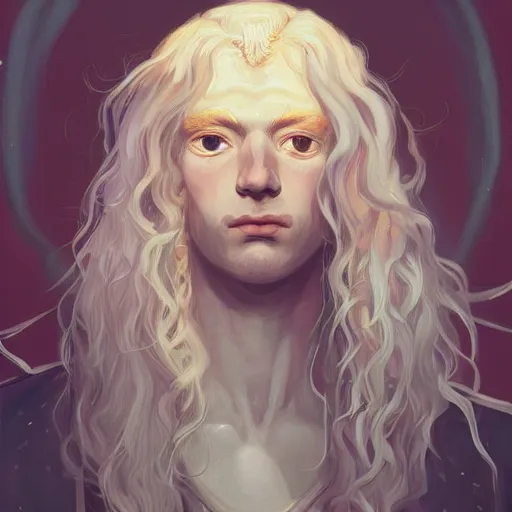 Image similar to prompt portrait of a beautiful androgynous blond man, albino pale white skin and long fluffy curly blond hair, Center parted curtain bangs, close up view, head and upper body, looking upward, fullface, light from above, by Peter Mohrbacher, trending on artstation, 8k