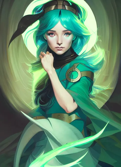 Image similar to style artgerm, joshua middleton, illustration, ariana grande as a high priestess wearing green pelt light armor, anime eyes, blue hair, swirling water cosmos, fantasy, dnd, cinematic lighting