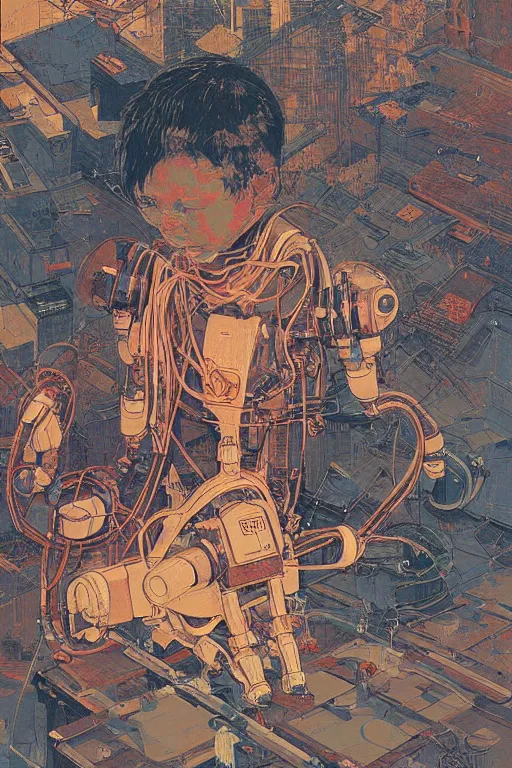 Prompt: a boy fixing his robot. high angle. oil on canvas. by Victo Ngai. by Moebius.