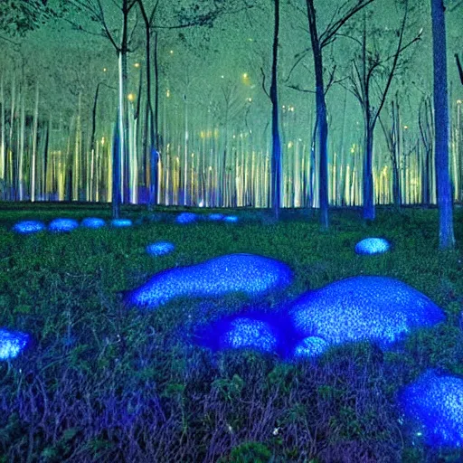 Image similar to field of beautiful luminescent pink and blue mycena fungi, emitting spore clouds, midnight, huge golden moon with small craters visible in night sky, hyperrealistic, detailed, soft lighting, fireflies