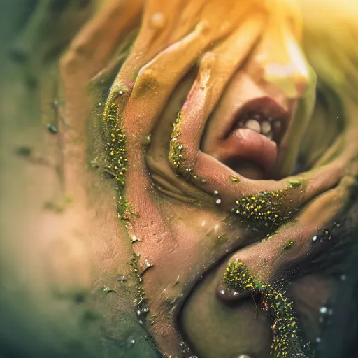 Image similar to closeup of beautiful human bodies intertwined, bodies blooming, 3 d fractals, mandelbulb, dripping wet, skin, macro photography, anamorphic bokeh, long exposure, highly detailed, hyperrealism, cinematic